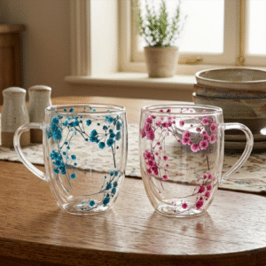 Taza Doble Vidrio Flores 350ml