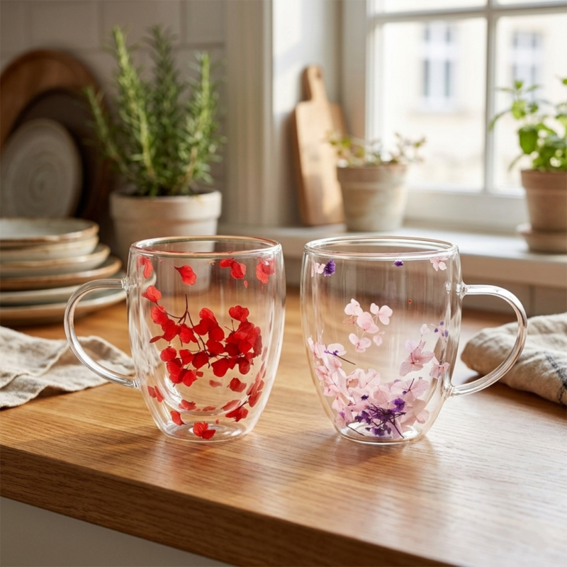 101765 Taza Doble Vidrio 350ml Flores