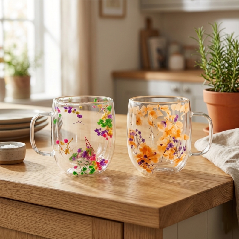 101789 Taza Doble Vidrio 350ml Flores