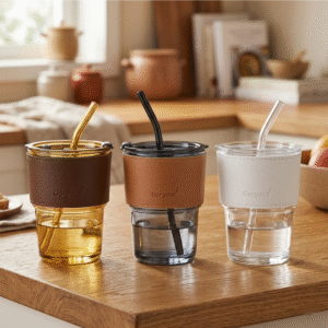 Vaso de Vidrio c/Sorbete 400ml Cuero Tapa Liso Surtido