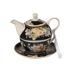 Tetera de Cerámica c/Taza y Plato Caja Regalos Diseño Flores Negro 400ml