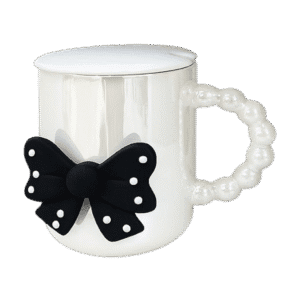 Taza de Cerámica c/Tapa y Cuchara Cromada Diseño Mariposa 330ml