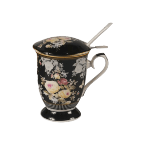 Taza de Cerámica c/Tapa y Cuchara Diseño Flores Negro 300ml