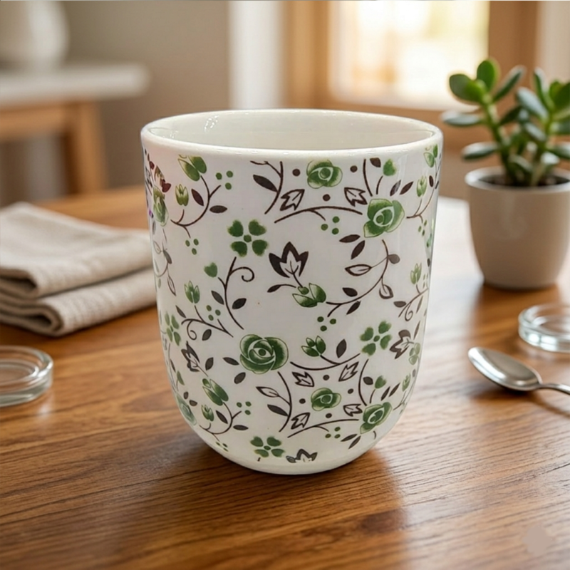 Cuenco de Porcelana 150ml Diseño Rosas Verdes Orientales