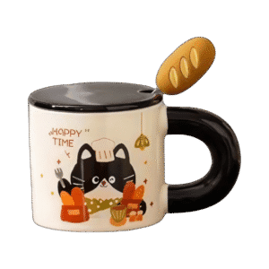 Taza de Cerámica Con Tapa + Cuchara Happy Gatito & Pan 400ml