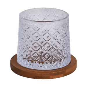 Vaso de Vidrio Whisky Giratorio C/Base de Madera Diseño Hielo 280ml