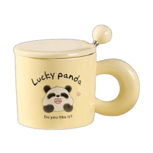 Taza de Cerámica Con Tapa + Cuchara Diseño Lucky Panda 380ml