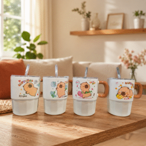 Taza de Cerámica Con Tapa + Sorbete Diseño Capibara 480ml