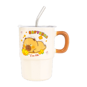 Taza de Cerámica Con Tapa + Sorbete Diseño Capibara 480ml