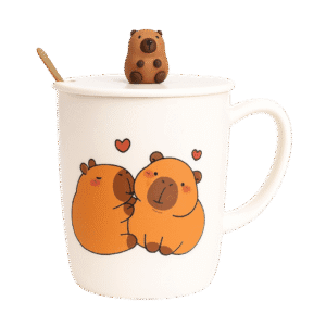 Taza de Cerámica Con Tapa + Cuchara Diseño Capibara 420ml