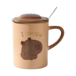 Taza de Cerámica Con Tapa + Cuchara Diseño Capibara 360ml