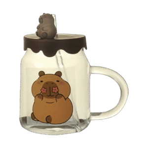 Taza de Vidrio Con Tapa + Cuchara Diseño Capibara 500ml