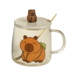 Taza de Vidrio Con Tapa + Cuchara Diseño Capibara 450ml
