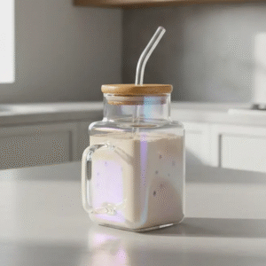Vaso de Vidrio Con Tapa Bambú + Sorbete 620ml