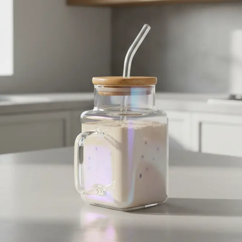 Vaso de Vidrio Con Tapa Bambú + Sorbete 620ml