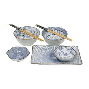 Set de Sushi Cerámica Premium Estilo Japonés Blanco y Azul x6