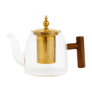 Tetera de Vidrio 1100ml c/Filtro Infusor Dorado Mango Madera