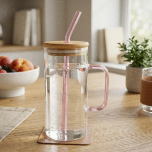 Vaso de Vidrio Con Tapa Bambú + Sorbete Rosa 400ml