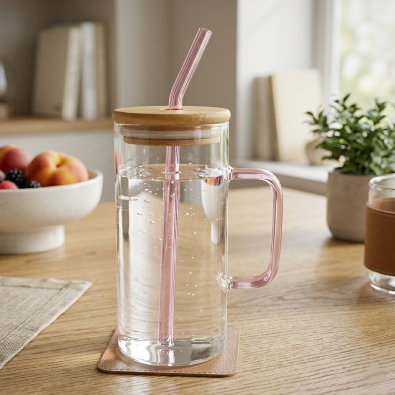 525752 Vaso de Vidrio Con Tapa Bambú + Sorbete Rosa 400ml