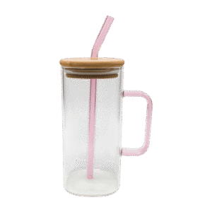 Vaso de Vidrio Con Tapa Bambú + Sorbete Rosa 400ml