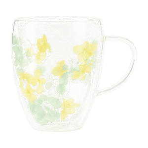 Taza de Doble Vidrio Diseño de Flores Amarillas y Verdes c/Asa 350ml