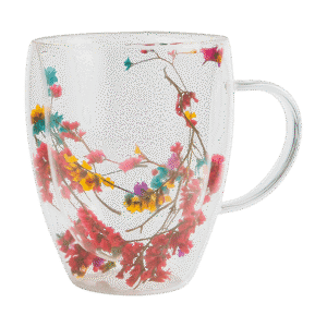 Taza de Doble Vidrio Diseño de Flores Multicolores c/Asa 350ml