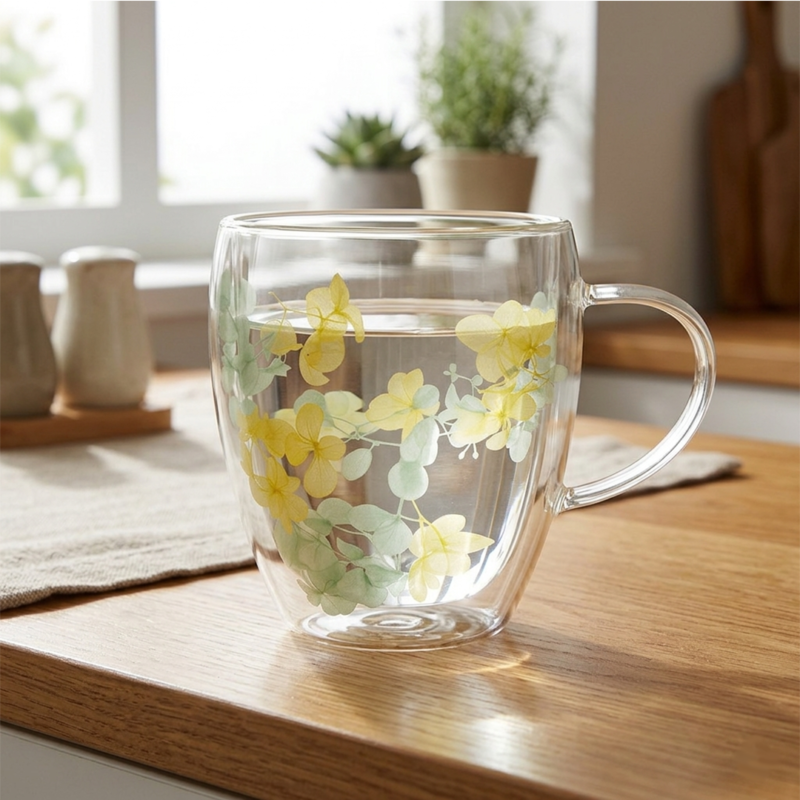 Taza Doble Vidrio 250ml Flores