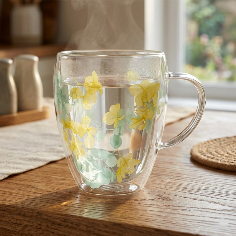 Taza Doble Vidrio 350ml Flores