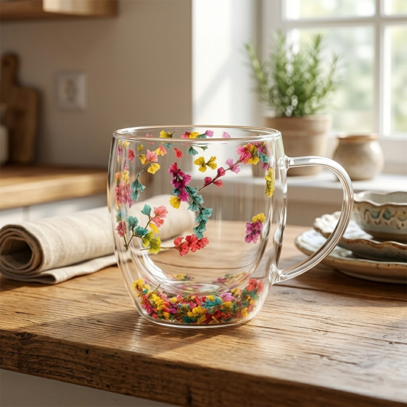 Taza Doble Vidrio 250ml Flores