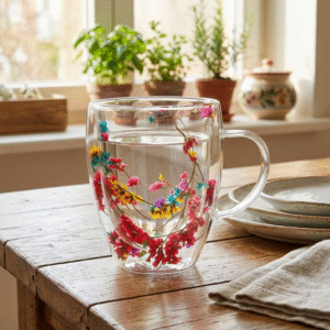 Taza Doble Vidrio Flores 350ml Multicolor
