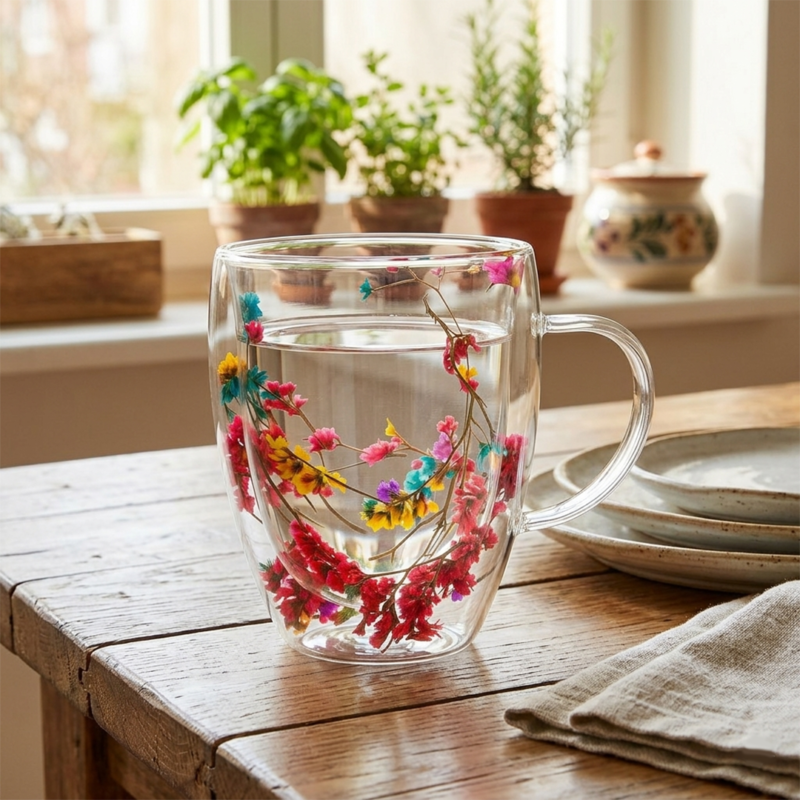 Taza Doble Vidrio 350ml Flores