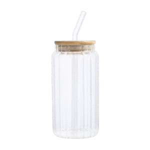 Vaso de Vidrio Con Tapa Bambú + Sorbete Acanalado Alto 500ml