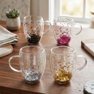 Taza Doble Vidrio 300ml Lentejuelas