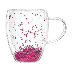 Taza Doble Vidrio 300ml Lentejuelas Fucsia