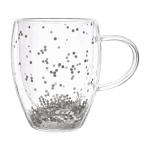 Taza Doble Vidrio 300ml Lentejuelas Plateado