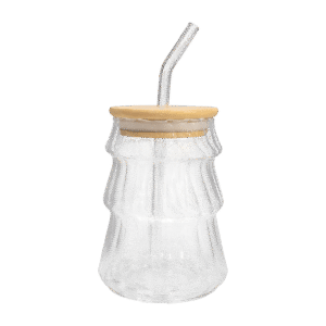 Vaso de Vidrio Con Tapa Bambú + Sorbete Lineas 600ml