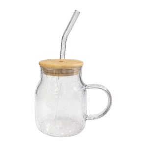 Vaso de Vidrio Con Tapa Bambú + Sorbete Tornasolado 450ml