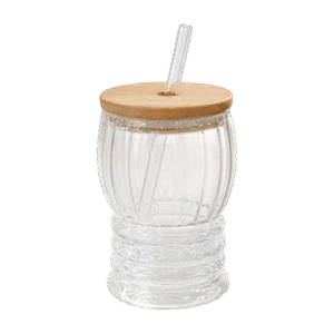 Vaso de Vidrio Con Tapa Bambú + Sorbete Acanalado 450ml