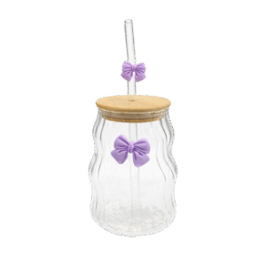 Vaso de Vidrio Con Tapa Bambú + Sorbete Moño 450ml