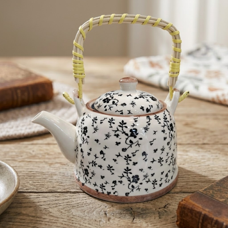 Tetera de Porcelana 650ml Flores Negras