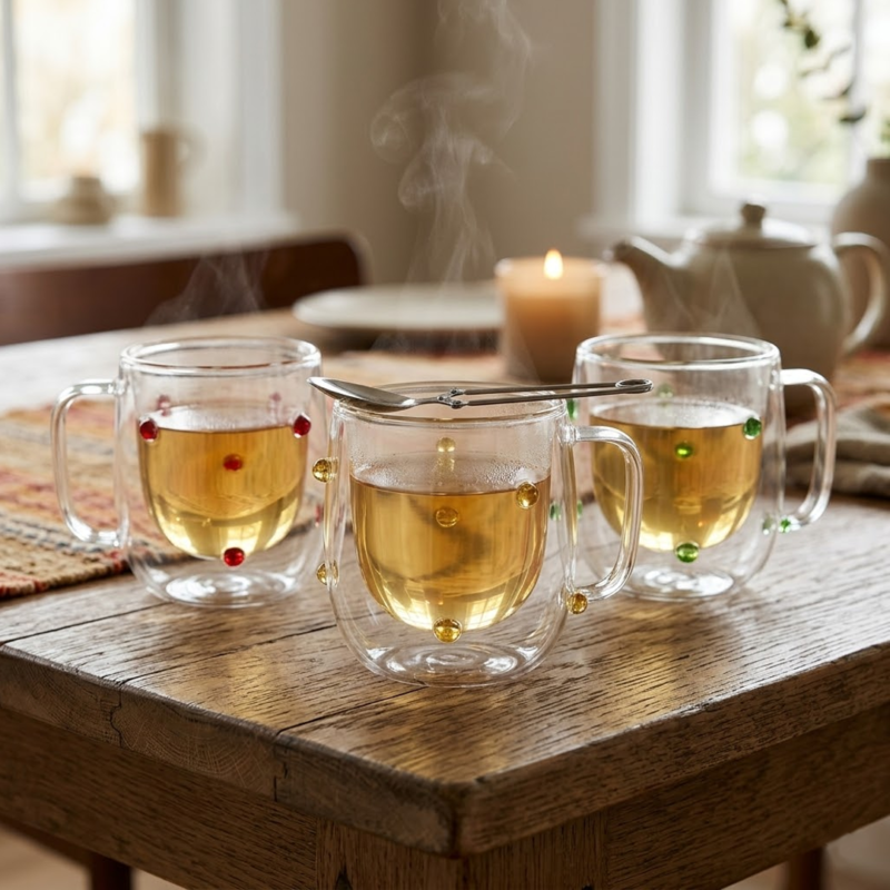 Taza Doble Vidrio Flores 200ml
