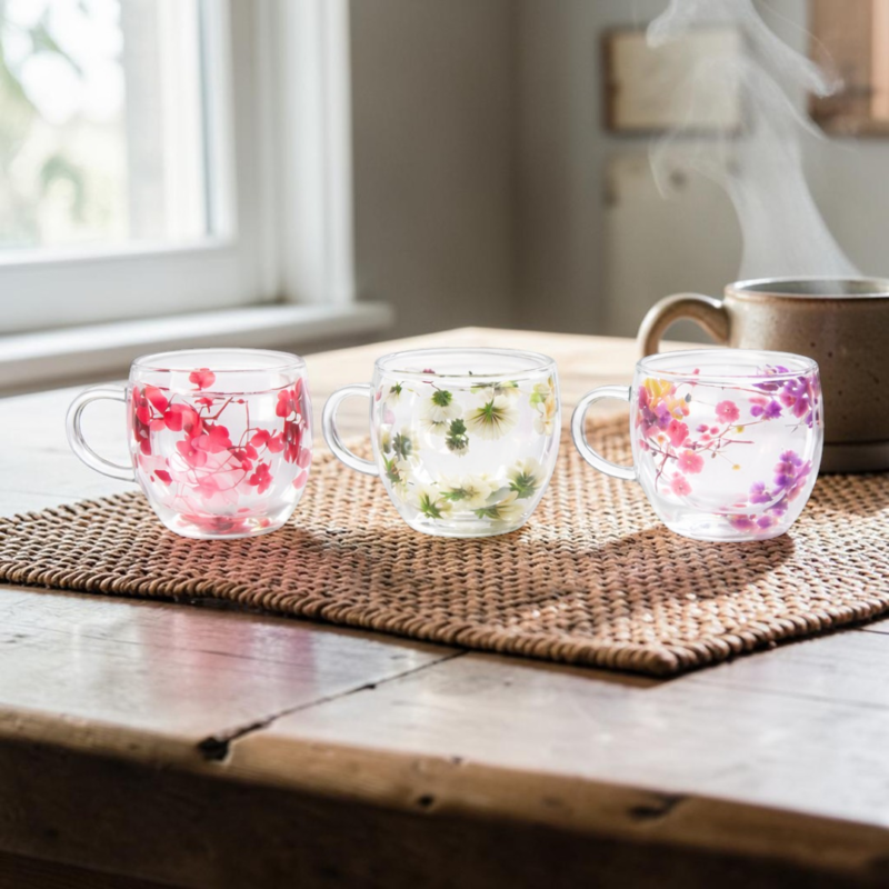 Taza Doble Vidrio Flores 200ml
