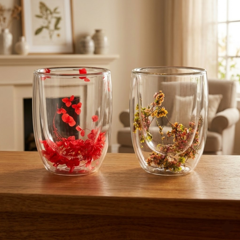 Taza Doble Vidrio 400ml Flores