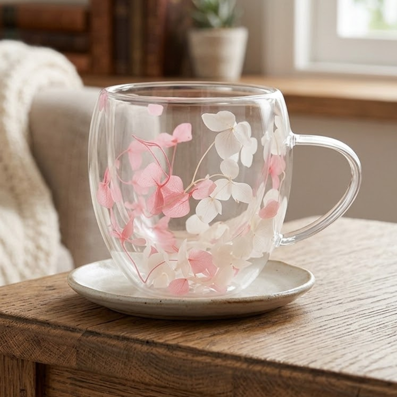 Taza Doble Vidrio 250ml Flores