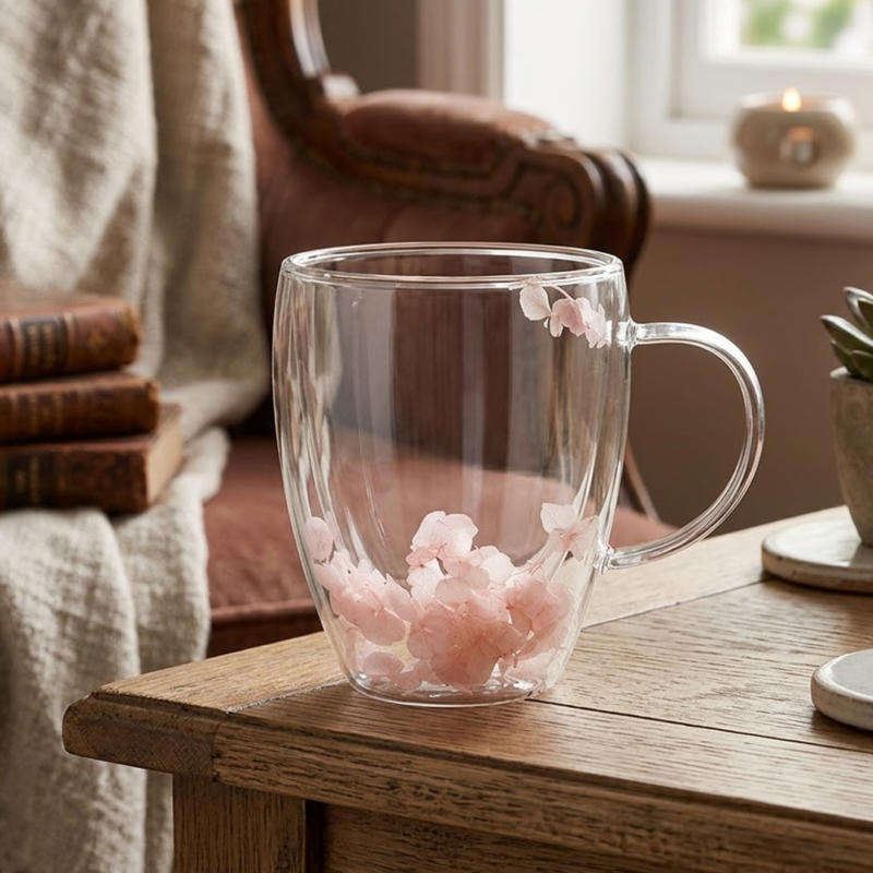 53729 Taza Doble Vidrio 350ml Flores