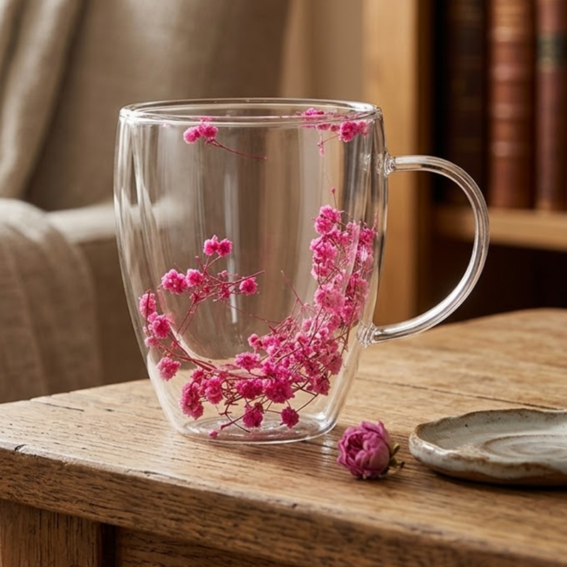 Taza Doble Vidrio 350ml Flores
