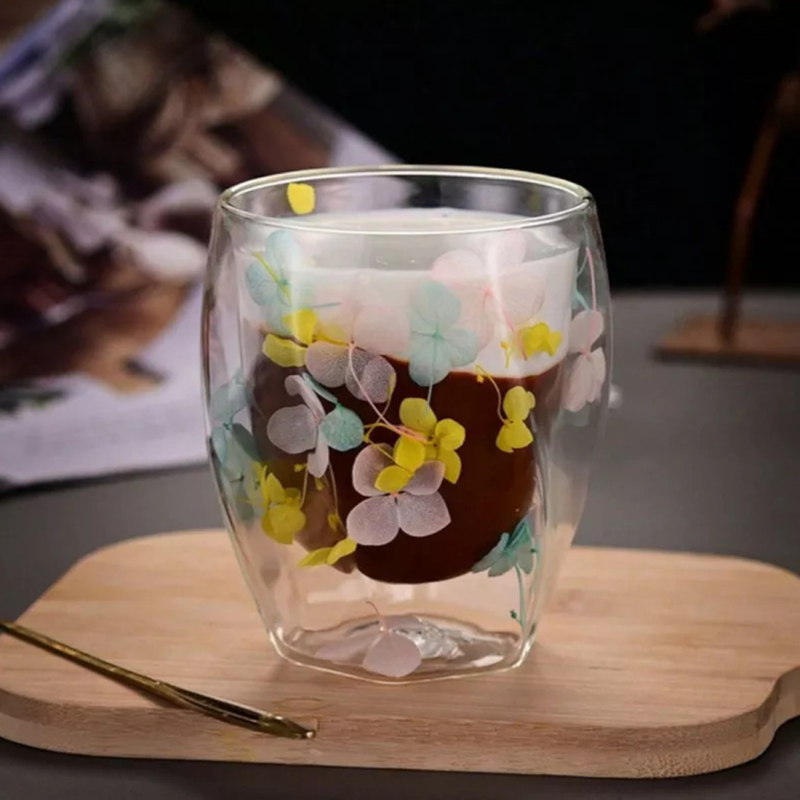 Taza Doble Vidrio 250ml Flores