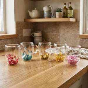 Taza Doble Vidrio 350ml Flores
