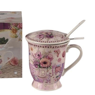 Taza con Difusor, Tapa y Cuchara de Porcelana, Diseño Floreado en Caja