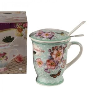 Taza con Difusor, Tapa y Cuchara de Porcelana, Diseño Floreado en Caja de Regalo